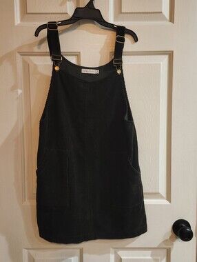 Women's Small  Paper Crane Dark Green Corduroy Overall Mini Dress with Pockets